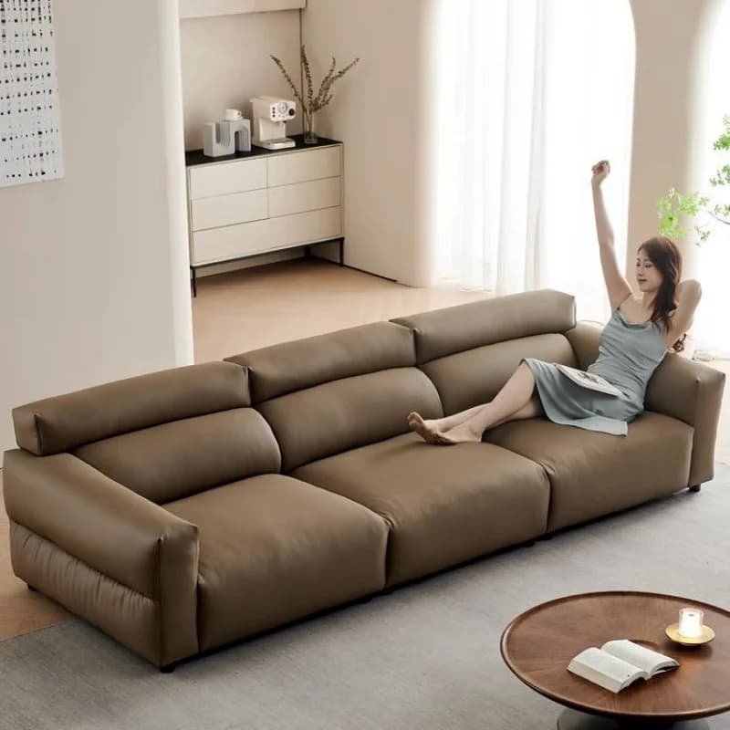 Divano Minimalista Italiano con Schienale Alto, Design Moderno e Semplice per Piccoli Spazi, Divano Grande in Pelle Nera a Linee Rette