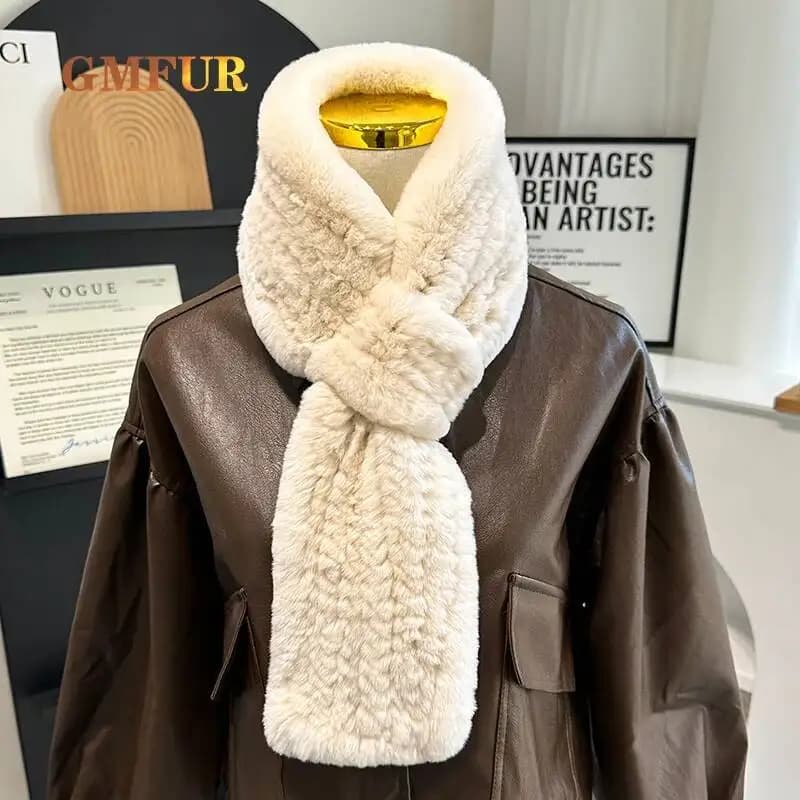Women's Real Rex Rabbit Fur Scarf Plush Fashion Simple Warm Scarf Handmade Double Sided Thickened Versatile Fur Necklace Collar