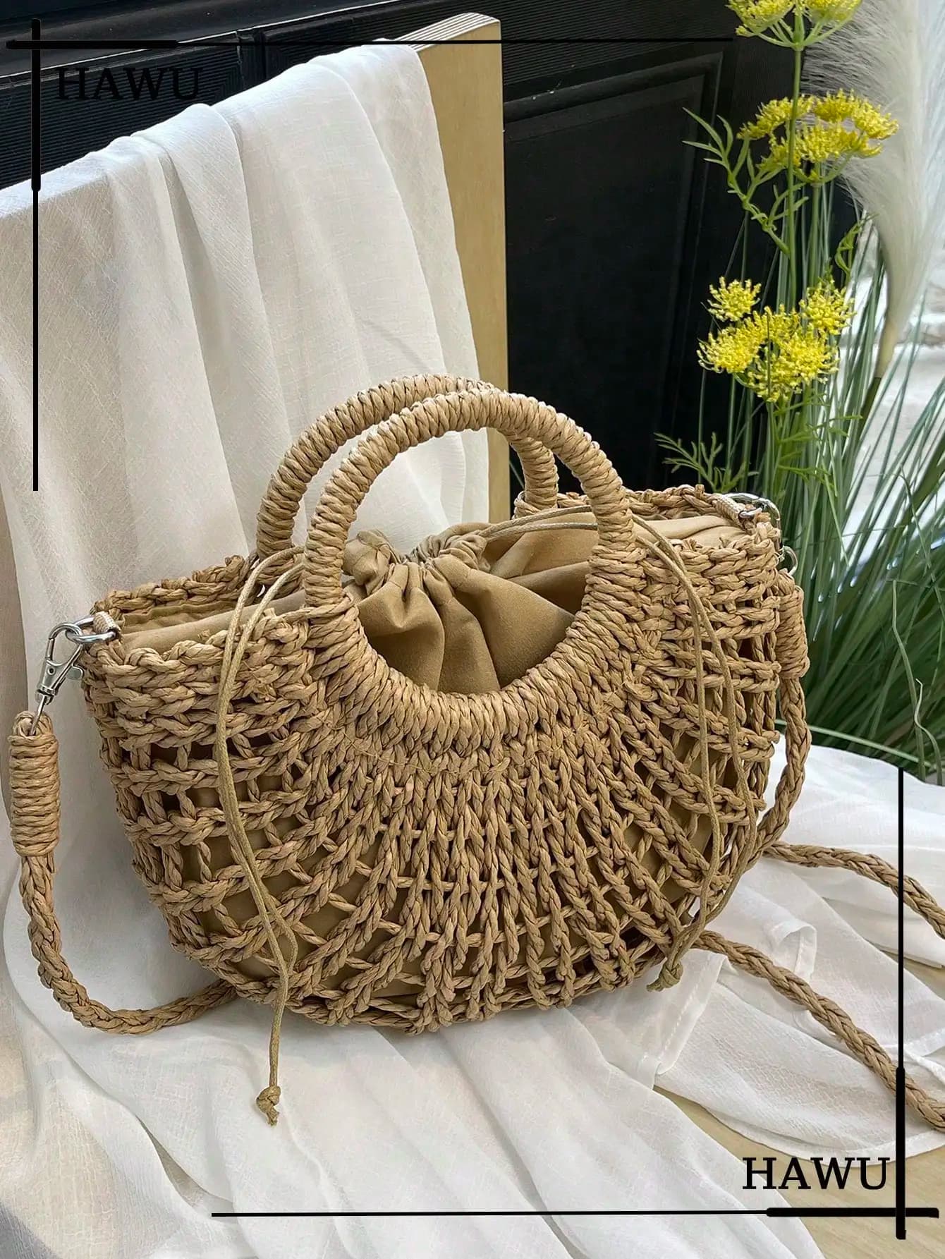 1pc Half-Moon Hollow Out Handbag, Fashionable Beach Vacation Straw Woven Bag, Vacation Bag For Summer, Perfect For Beach Vacation, Travel