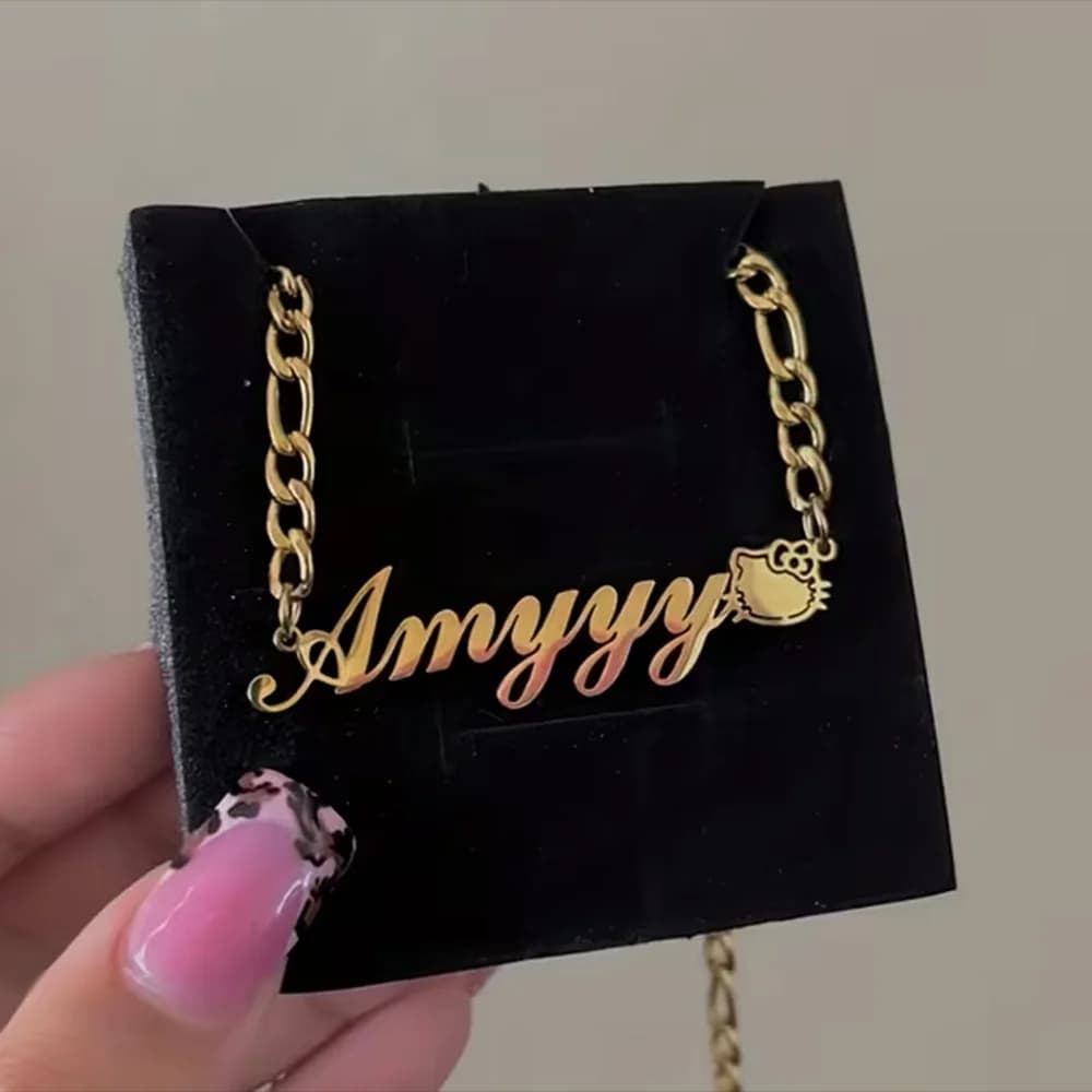 Custom Name Hello Kitty Necklace For Women Stainless Steel Figaro Chain Personalized Nameplate Pendant Sanrio Cat Jewelry Gift