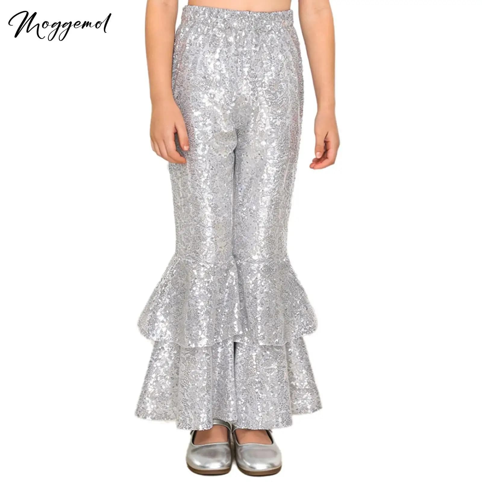 Pantaloni a Zampa d'Elefante con Paillettes Scintillanti per Bambine, Vita Elastica, Completamente Foderati, Leggings Lunghi