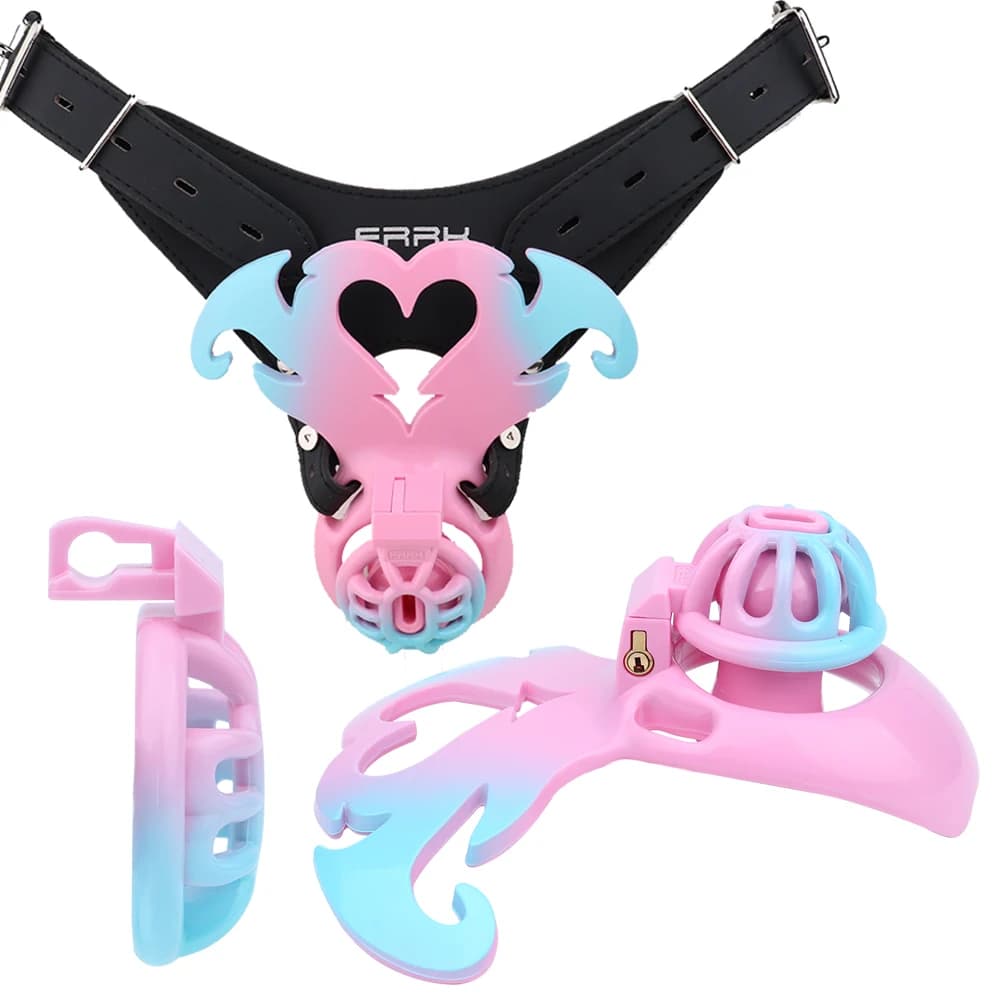 Gabbia di castità ANOSX con gradiente pastello per uomo, gabbie per pene in resina, lucchetto di castità piatto Sissy con cintura in pelle, giocattoli sessuali BDSM per uomo