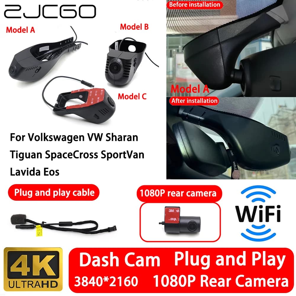 Front and rear camera 4K for Volkswagen VW Sharan Tiguan SpaceCross SportVan Lavida Eos, Dash Cam with Wi-Fi, Plug and Play, Video Recorder