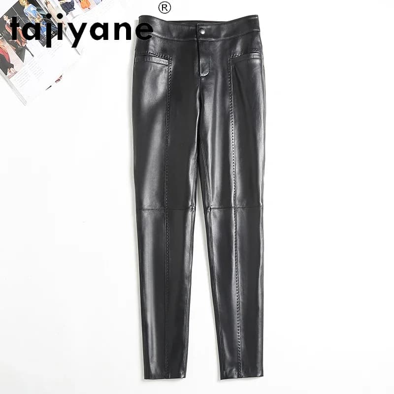 Tajiyane Pantaloni Dei Pantaloni Delle Donne 2020 di Cuoio Reale Genuino Pantaloni Di Pelle di Pecora Donna di Alta Wasit Pantaloni Delle Ghette Pantalones TN846