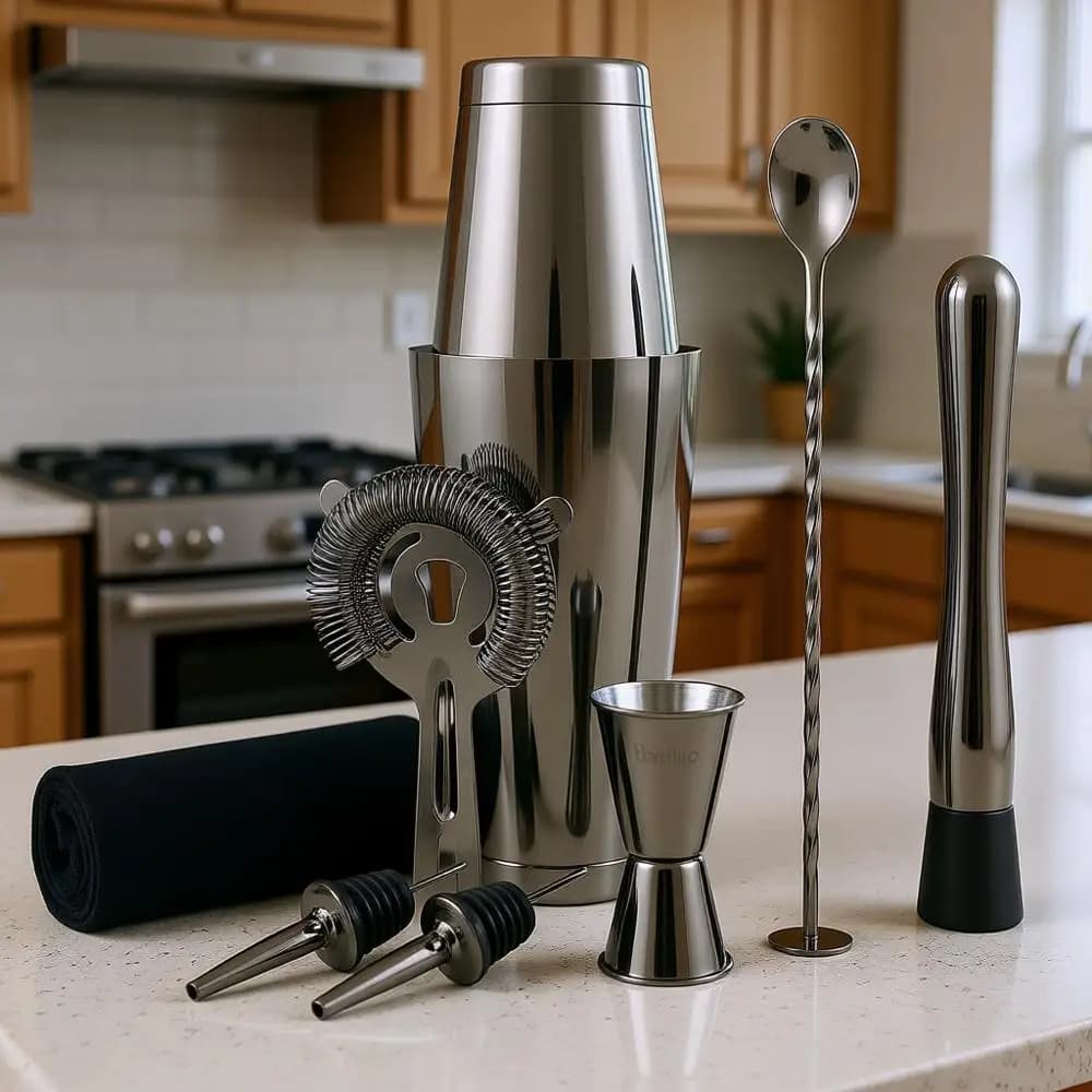 Set Boston Shaker - Shaker per Cocktail in Acciaio Inox Pesante con Colino e Miscelatore - Kit da Barman per Mixology - Set da 9 Pezzi