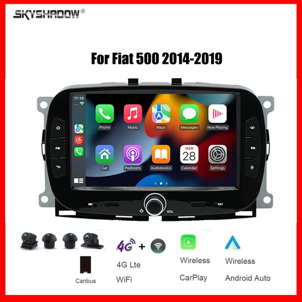 Autoradio multimediale 7" CarPlay Android 15 8 Core 12G+256G con 4G, Wi-Fi, Bluetooth, Navigatore GPS per Fiat 500 2014-2019
