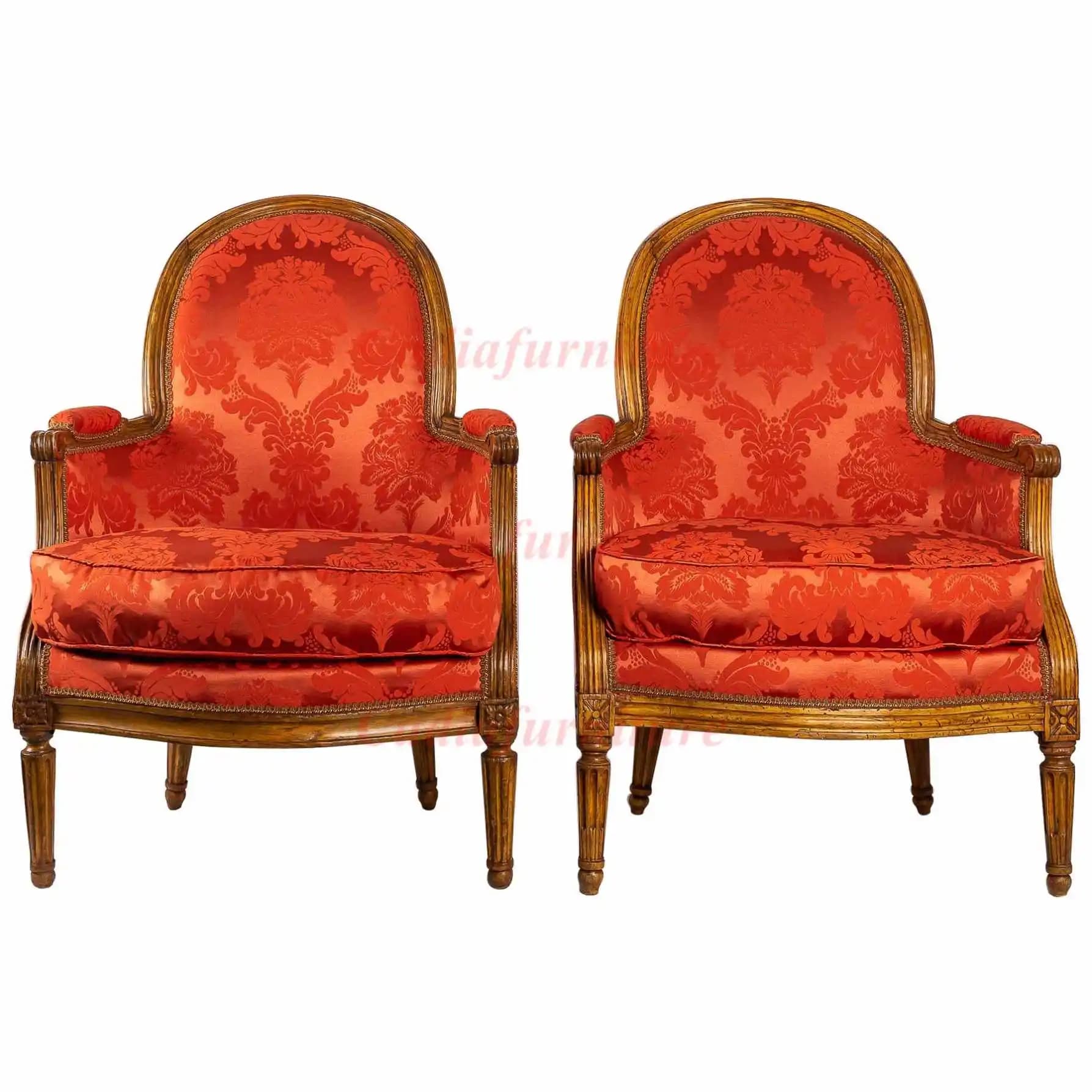 Luxury wooden house, living room, armchair, furniture, French, red fabric upholstery, armchair, single sofa, sofa, chairs