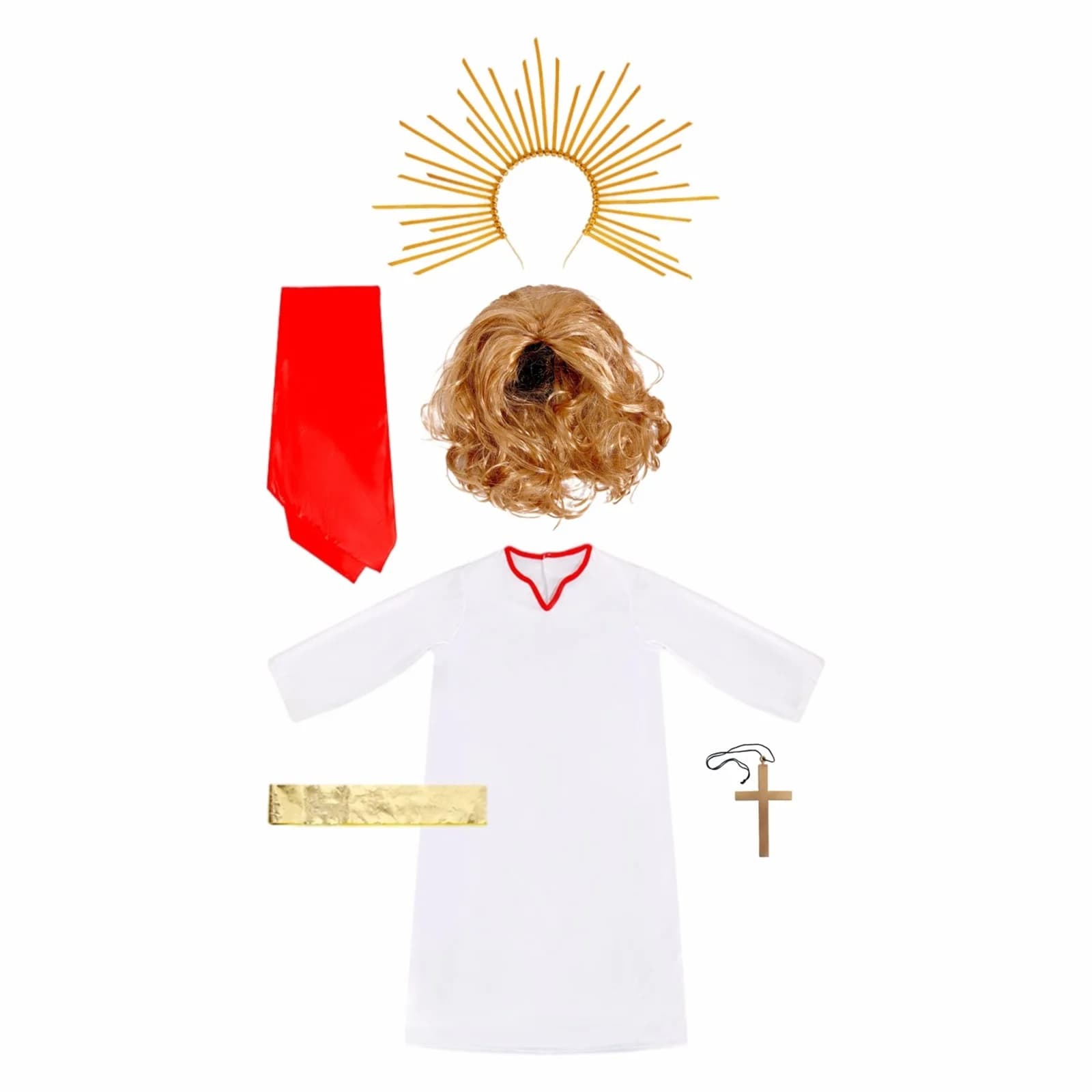 Set Costume di Pasqua per Bambini: Tunica a Maniche Lunghe, Sciarpa, Fascia in Vita, Aureola, Collana a Croce, Parrucca e Accessori per Cosplay
