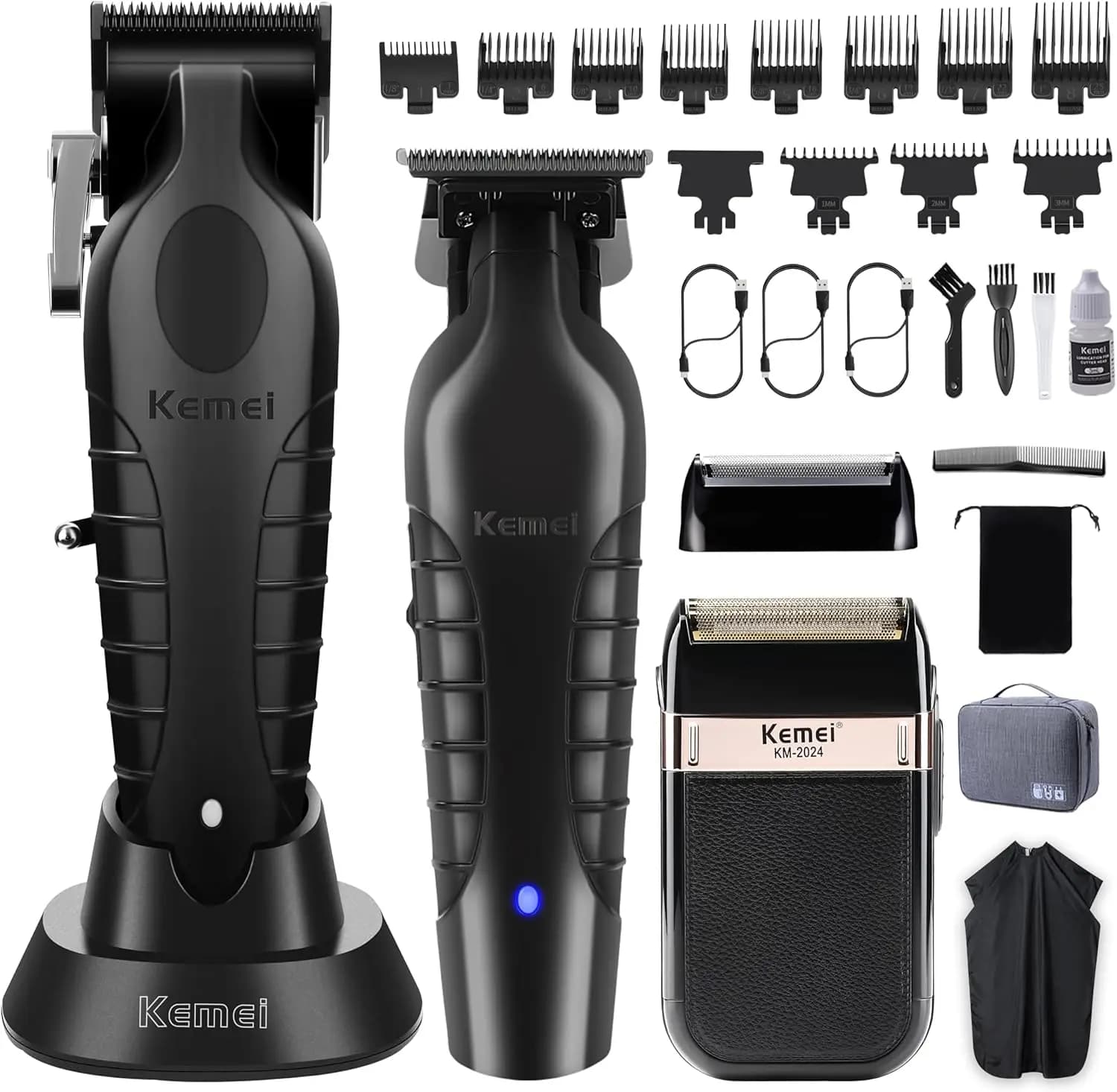 Professional Hair Clipper Set, Cordless Beard Trimmer & Electric Shaver for Men, USB Rechargeable, 8 Guide Combs, 3-in-1 Grooming Kit