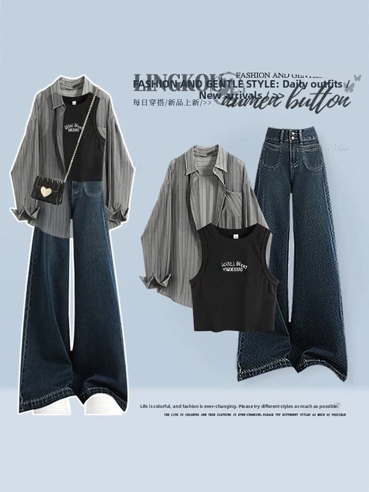 Summer Korean Style plus Size Set Women's Retro Hong Kong Stripe Shirt Age Reduction Vest Slimming Jeans Three Piece Set