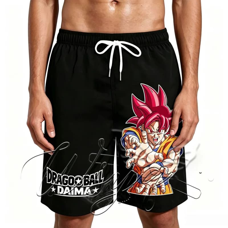 Unisex Summer Quick Dry Sports Shorts Dragon Ball Super Saiyan God Goku Print Beach Shorts Loose Drawstring Surf Swim Trunks