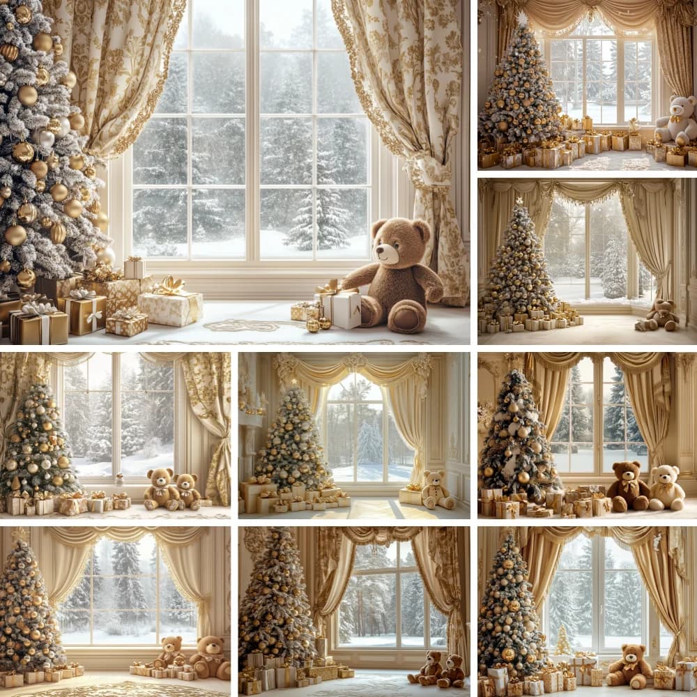 Curtain Christmas Window Photography Backdrop Snow Gold Bauble Xmas Tree Plush Brown Bear Gift Box Snow Pine Forest Background