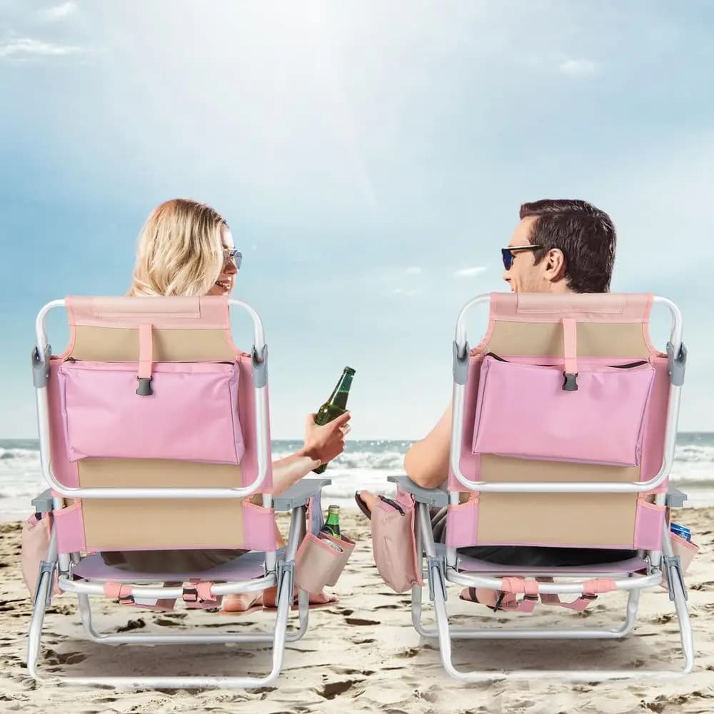 Sedia da Spiaggia Pieghevole, Sedie a Sdraio da Giardino con 5 Posizioni Regolabili, Cuscino per la Testa, Borsa Portaoggetti, Portasciugamani, Portabicchieri, Zaino