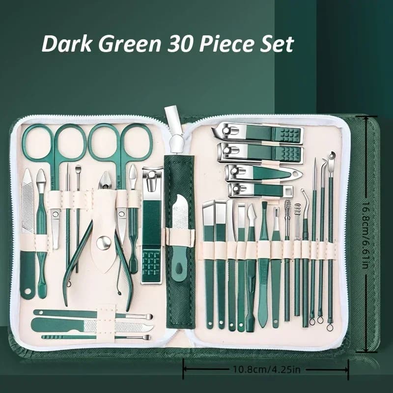 Set Professionale di 30 Pezzi per Manicure e Pedicure in Acciaio Inossidabile Verde, Kit da Viaggio per la Cura delle Unghie