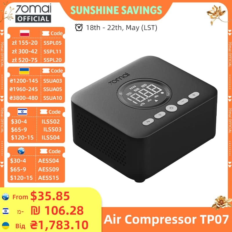 Nuovo 70mai Compressore d'aria TP07 Mini Gonfiatore per pneumatici per auto Pompa di aria per auto elettrica Pompa per pneumatici automatica 70mai TP07 Auto Moto Bicicletta Palla