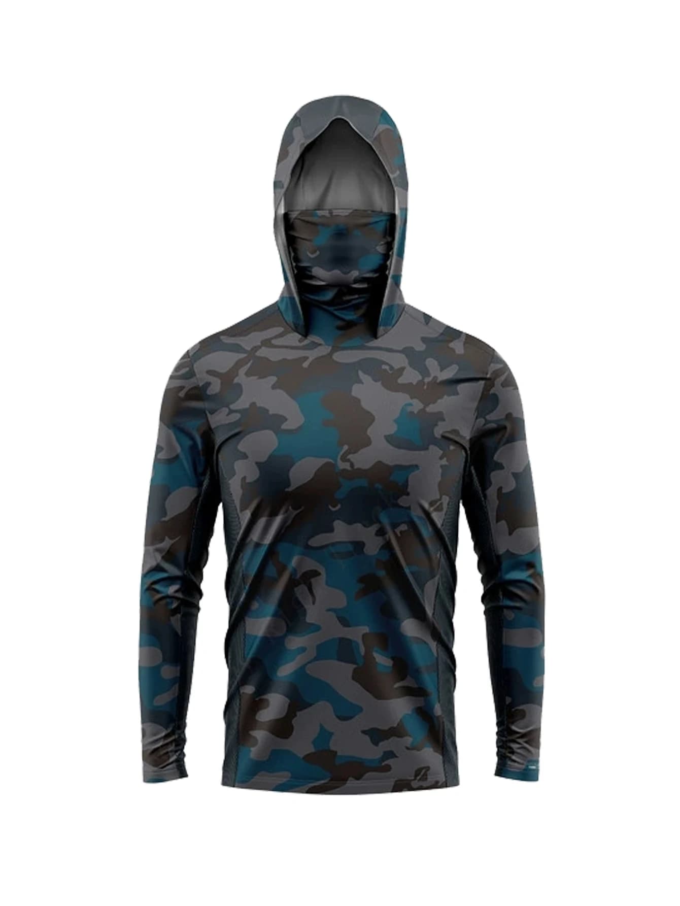 UPF50+ Sun-Protective Men Fishing Hoodie Dark Ocean Camouflage Print Face Gaiter Quick Dry Lightweight Fishing Tee