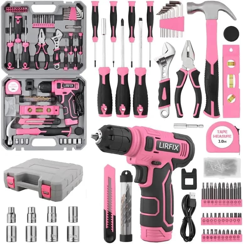 Set di 33 utensili elettrici e manuali rosa per donna - Cacciavite portatile ricaricabile USB, martello a testa di lepre, punte da trapano, essenziale