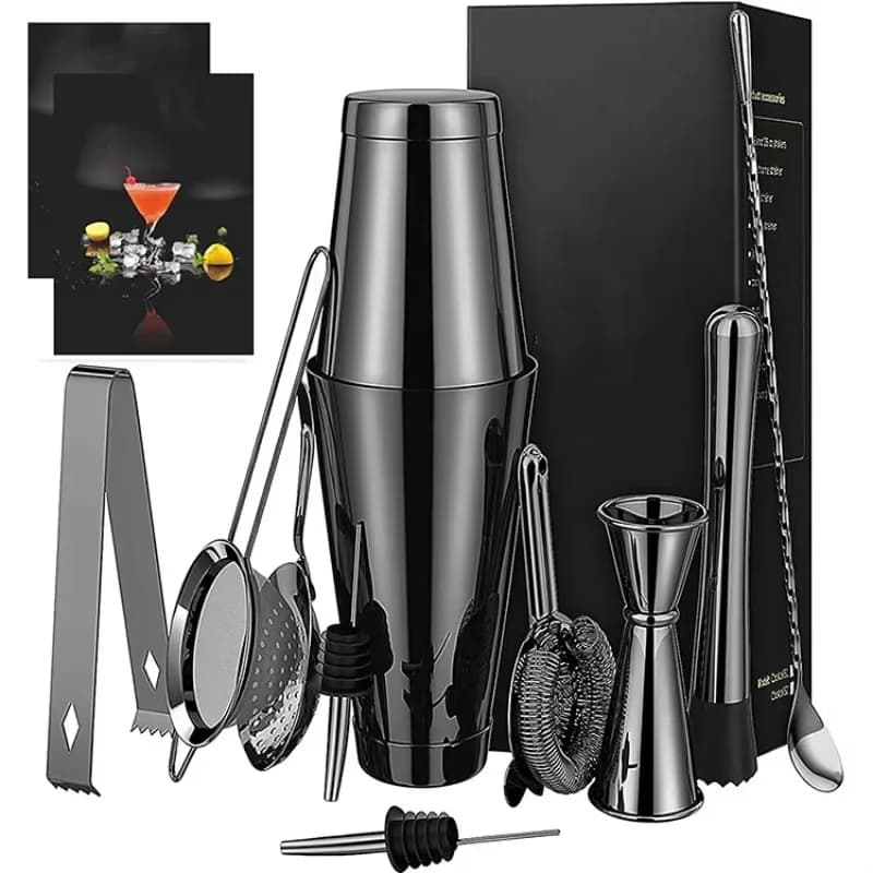 Set Professionale di Strumenti per Bevande, Kit da Barman, Accessori da Bar, Set Shaker per Cocktail in Acciaio Inox e Legno