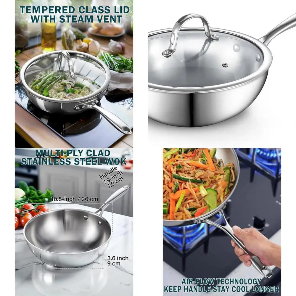 10,5 stainless steel Wok pan with lid, silver, flat bottom for frying
