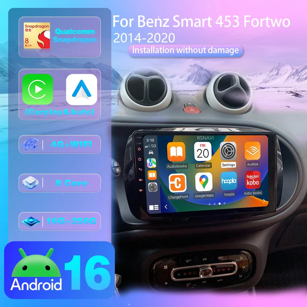 Autoradio Android 16 con Carplay per Smart 453 Fortwo 2014-2020, Lettore Multimediale Plug and Play con Snapdragon