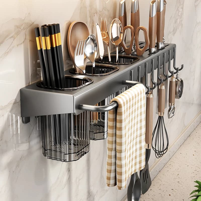 Wall rack for kitchen, multifunctional, no drilling required, knife holders and tools, pipe for wands, integrated