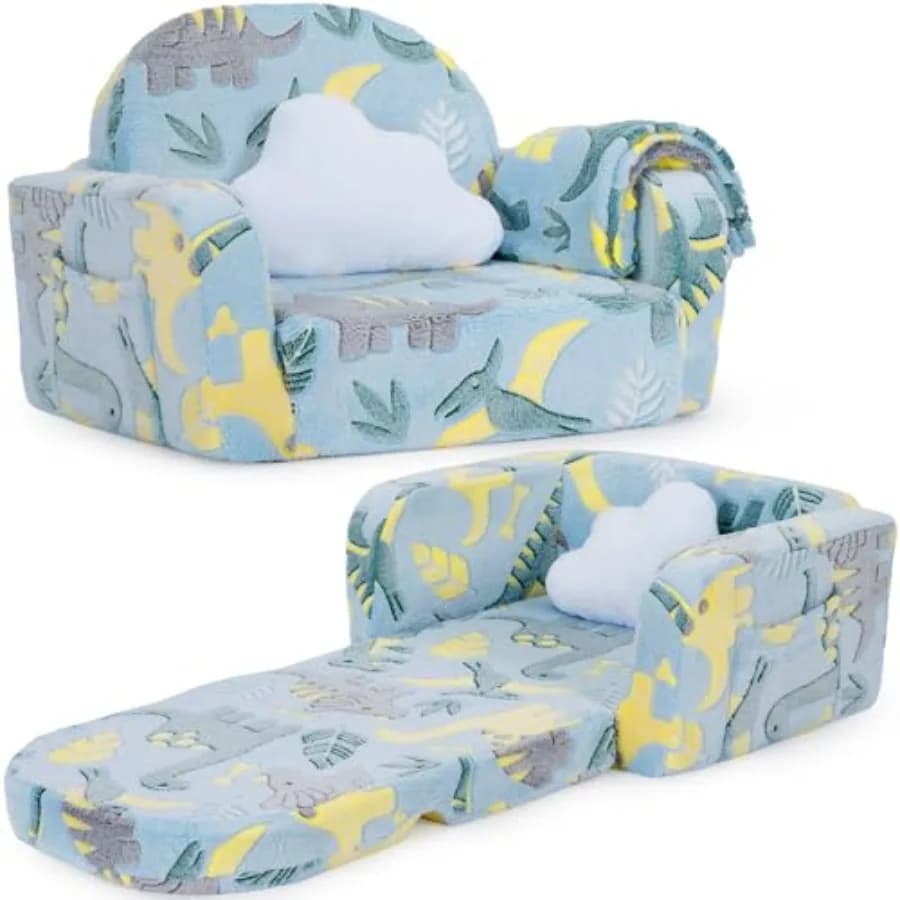 Divano 2-in-1 per Bambini, Morbido Divano Pieghevole con Coperta e Cuscino a Forma di Nuvola, Sedia per Bambini che si Illumina al Buio, Comodo Divano Convertibile