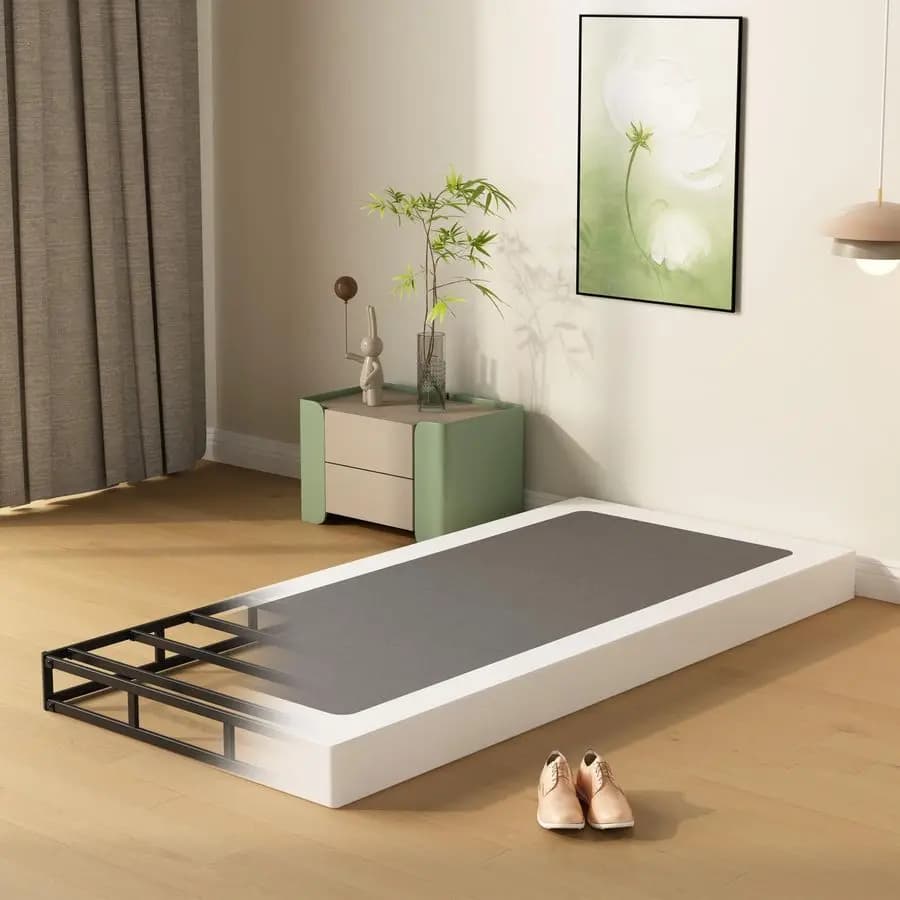 Low-profile single bed base with fabric coating, robust and silent, durable metal