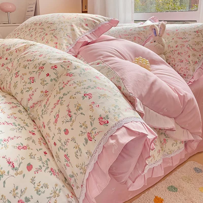 100% korean style pastoral floral volant bedding set queen size single bed cover sheet/sheet with pillow corners