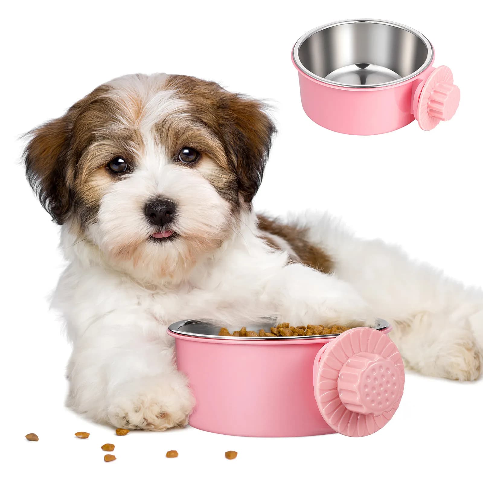 Ciotola per Animali Domestici Rimovibile in ABS e Acciaio Inox, Dispenser Anti-Caduta per Cibo e Acqua da Appendere alla Gabbia per Cani e Gatti