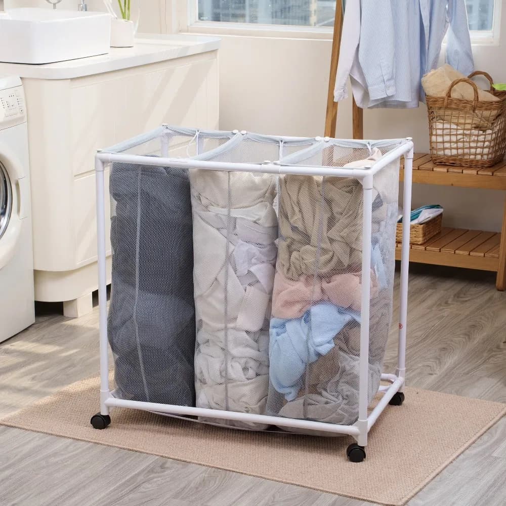 Rolling Laundry Sorter Cart with Detachable Breathable Mesh Storage Bags,Sturdy Metal Frame Dirty Clothes Hamper Organizer for Separating Whites, Easy Assembly Mobile Laundry Bin Ideal for Bedrooms, Dorms and Apartment Household Clothing.