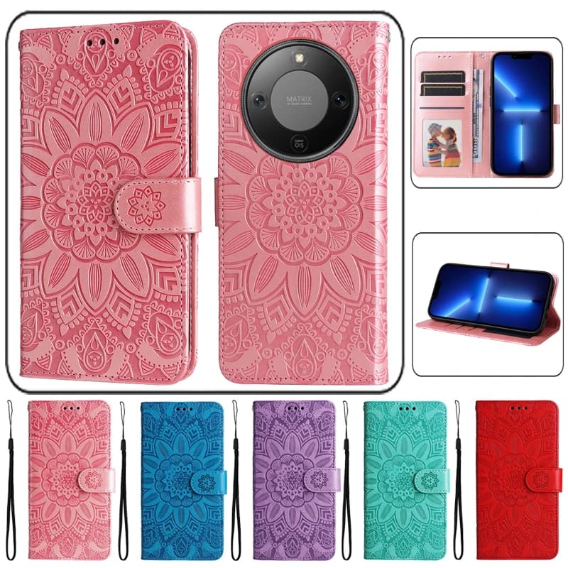 3D Sun Flower Luxury Wallet Flip Case For Honor Magic8 Lite Magic 8 7 6 5 4 Pro Lite 5G Shockproof PU+TPU Leather Phone Cover