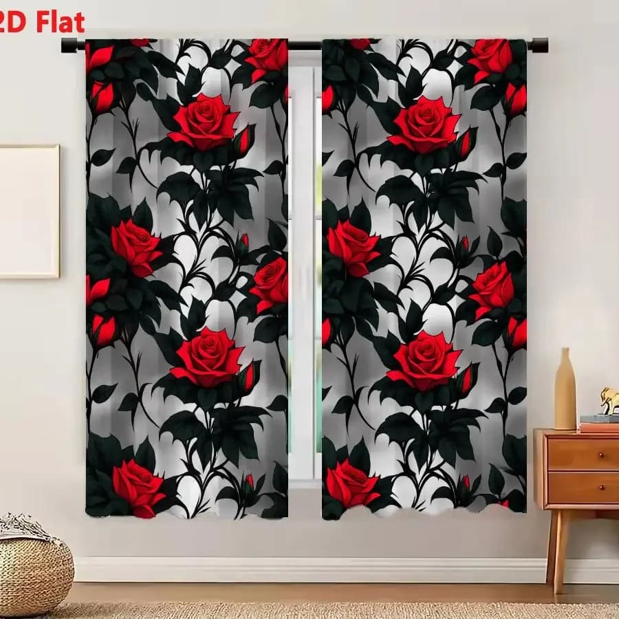 2Pcs Curtains 2D Flat Seamless Pattern With Vibrant Red Roses And Dark Green Leaves On Light Gray Background Window Drapes for B