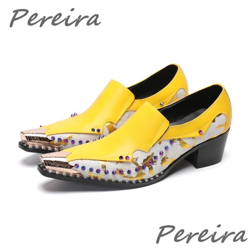 Scarpe da uomo in pelle con strass colorati gialli viola colori misti per uomo Mocassini con tacco a punta in metallo 4,5 cm Scarpe eleganti da lavoro