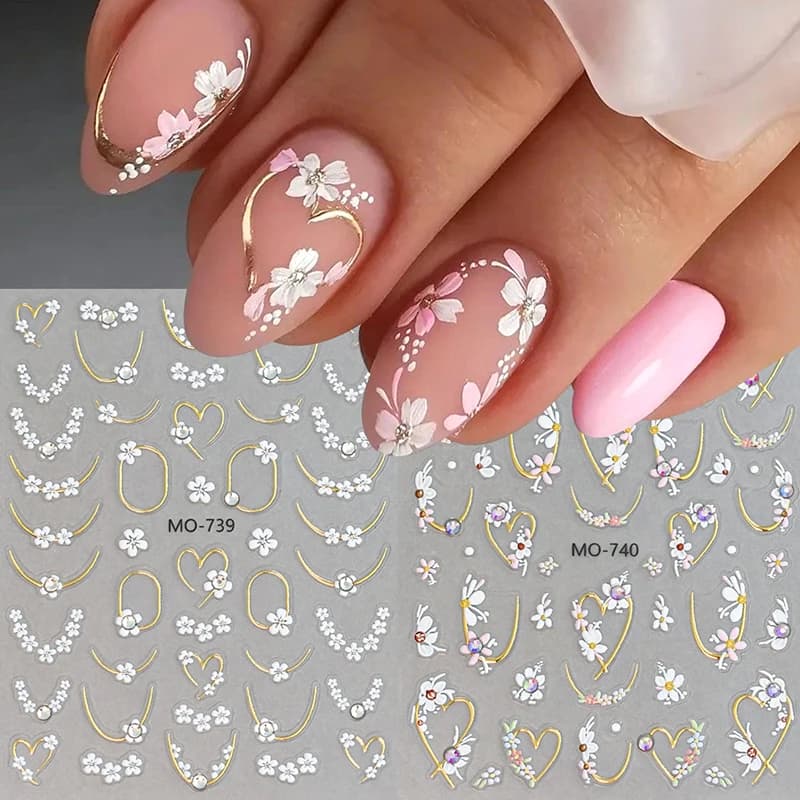 Adesivi per Unghie 5D in Rilievo, Petali di Fiori Semplici, Cuori Bronzati, Decalcomanie con Diamanti, Linee Dorate Francesi, Slider Floreali Primaverili