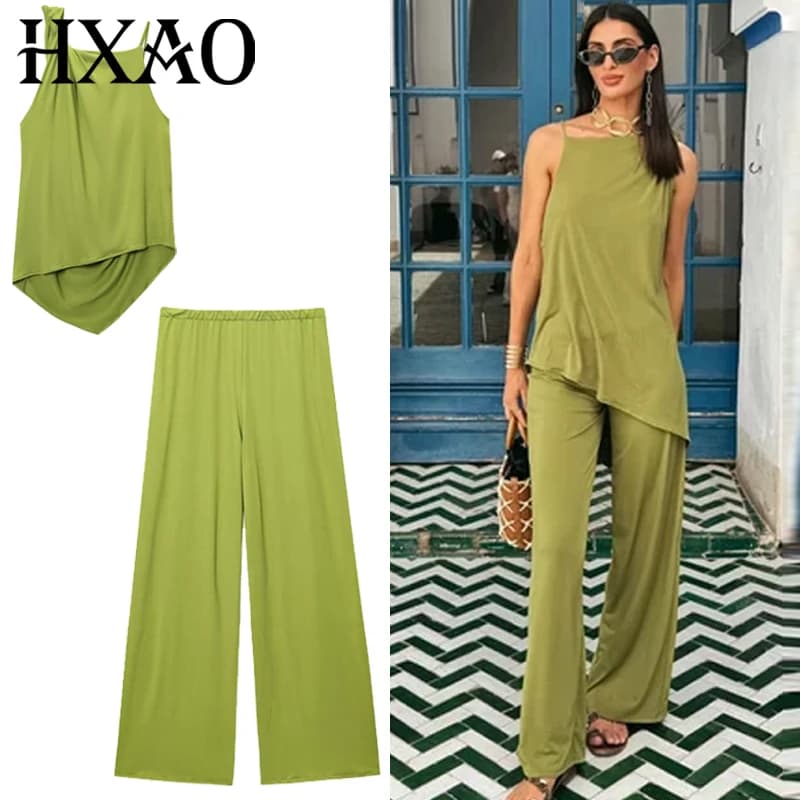 HXA Set of green trousers Set of two-piece women's set of wide leg trousers draped in high waist with asymmetric volant