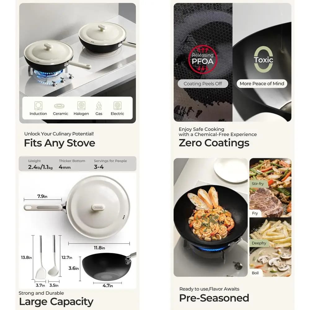 11.8 pre-tempered carbon steel Wok with lid, light pan for all stoves, ideal kitchen gift for women and mothers