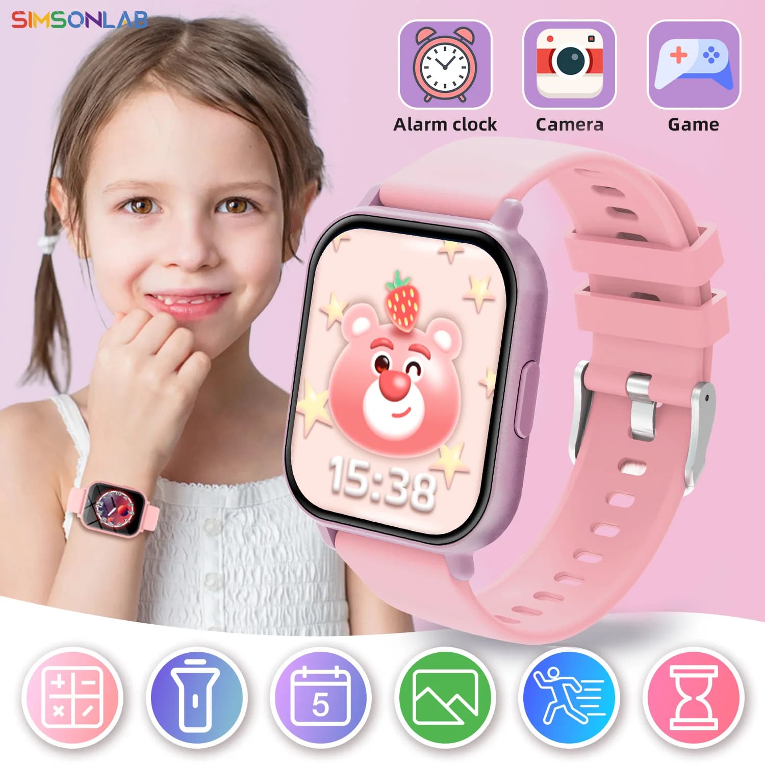 Smartwatch per bambini Schermo da 1,83 pollici Chiamata Bluetooth/Camera musicale Controllo Messaggio Push Batteria da 260 mAh Orologio di interazione genitore-figlio