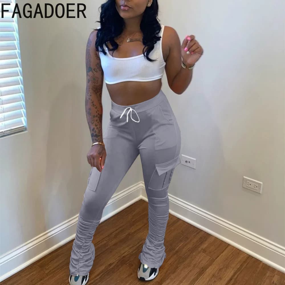 FAGADOER Nuove Donne Leggings Pantaloni Della Tuta Casual Solido A Vita Alta Flare Pantaloni Impilati Tasche Coulisse Reched Pantaloni Streetwear