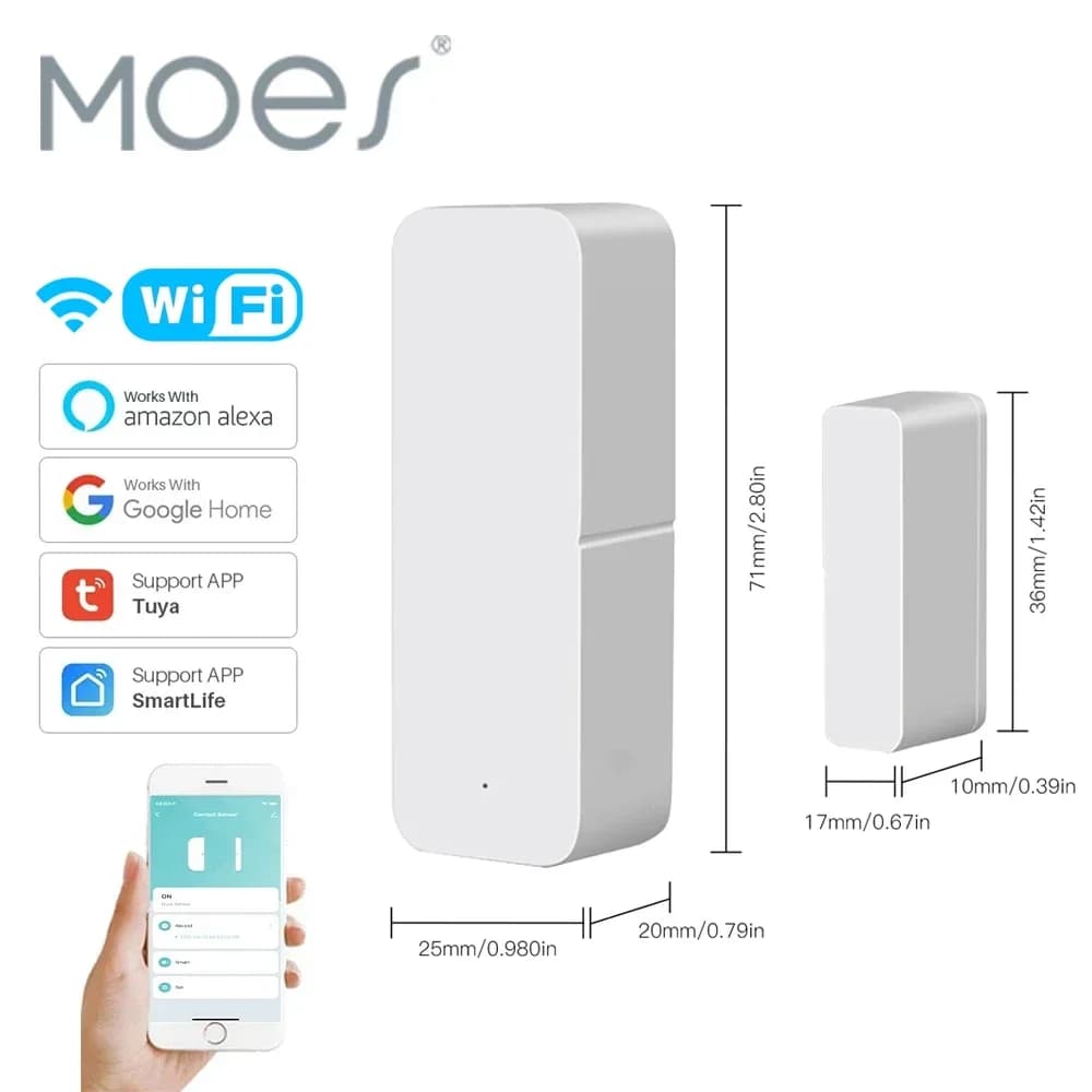 MOES Tuya WiFi Sensore per porte e finestre Rilevatori di porte wireless per casa intelligente Automazione magnetica per porte con Alexa Google Home