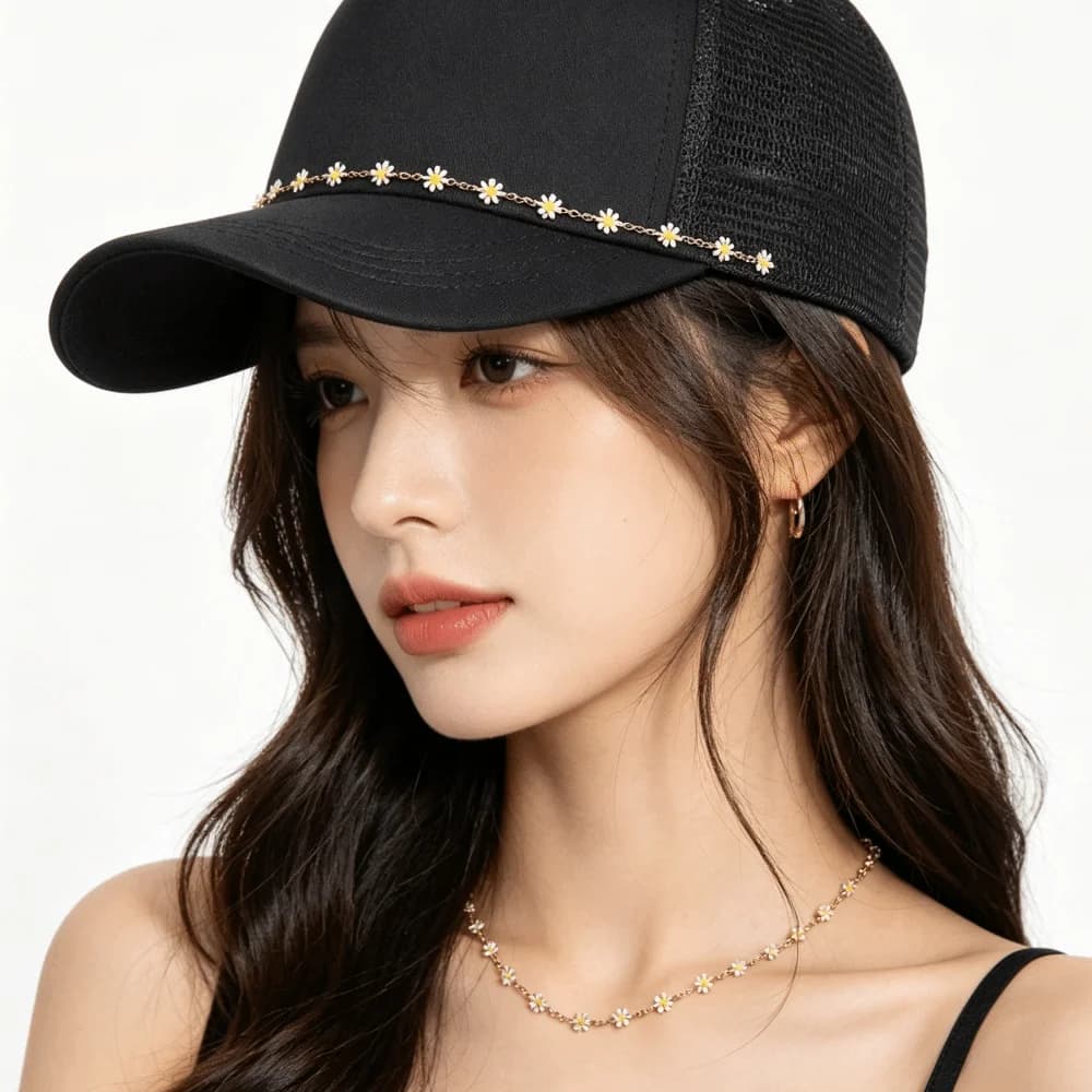 3pcs/Set Hip Hop Detachable Cap Charms Alloy Flower DIY Hat Chain Leaves Pearl Stainless Steel Rolo Chain All-gender