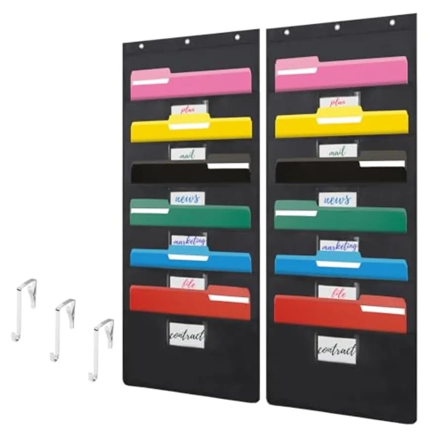 Black Hanging Wall File Organizer with 6 Pockets, 2 Packs Wall Hanging File Folder Organizer, Over the Door Storage Pocket Char
