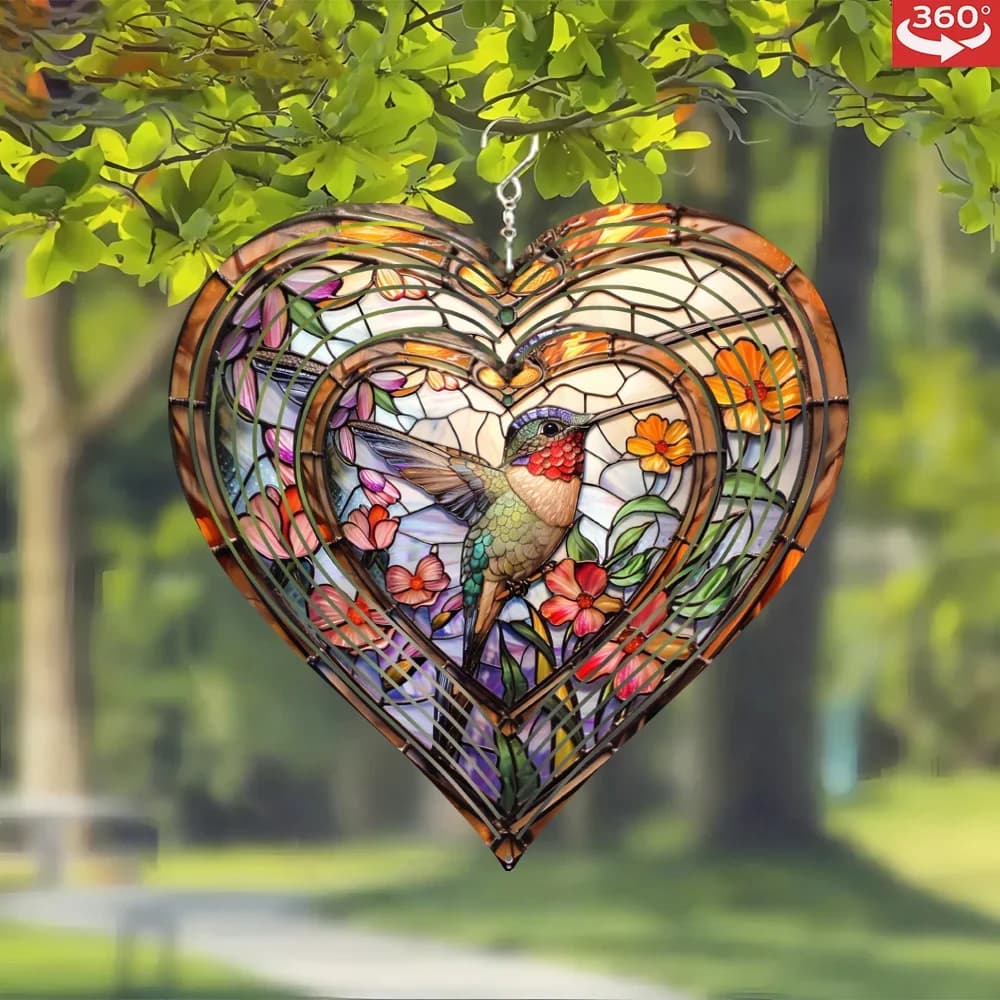 1Pc, 3D Metal Wind Spinner, Hanging Heart-shaped Wind Chimes, Birds Surrounded By Flowers, Unique Artistic Wind Chime Design,