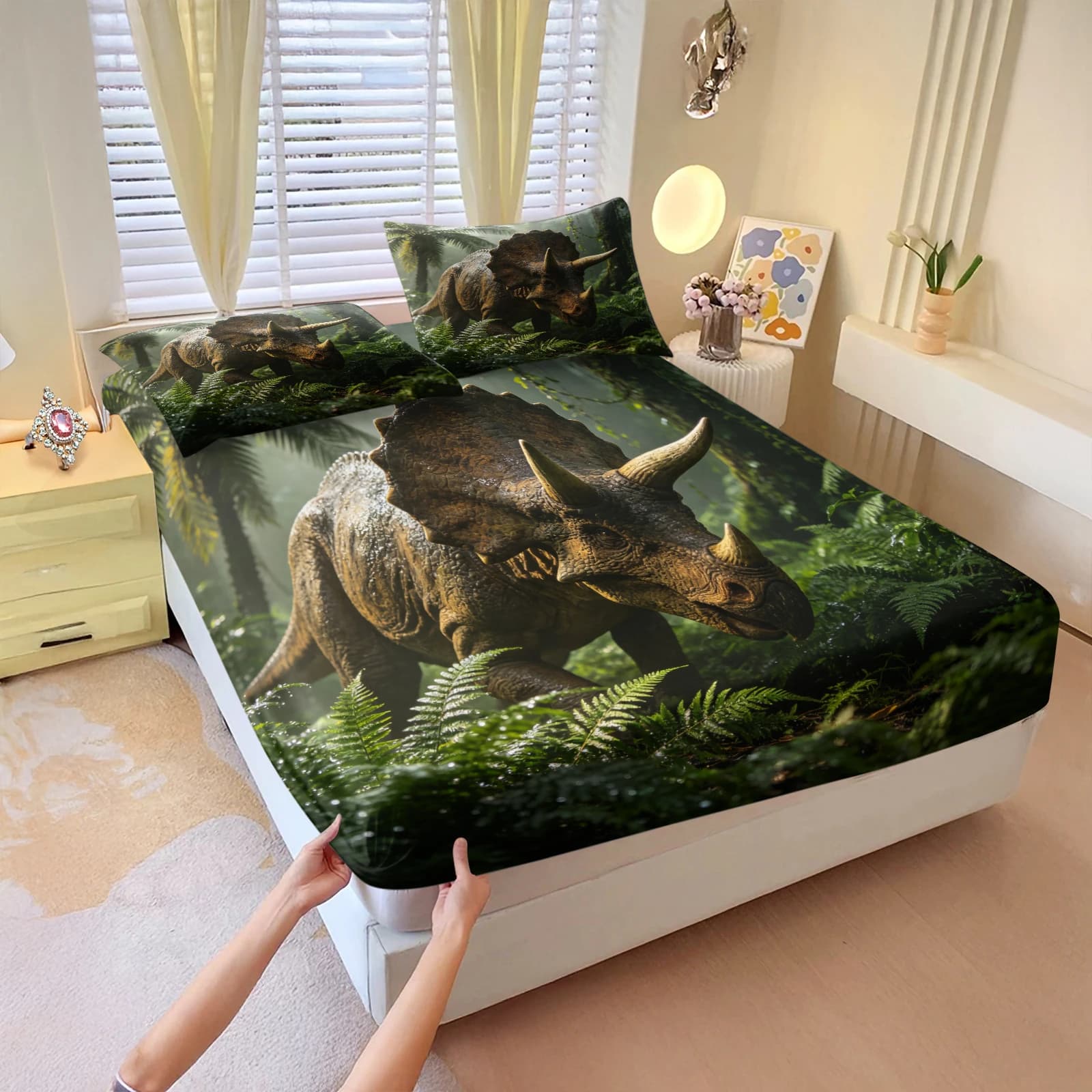 Jungle Triceratops Dinosaur Fitted Sheet Set Elastic Deep Pocket Bed Cover With 2 Pillowcases Rainforest Dinosaur Print Bedding