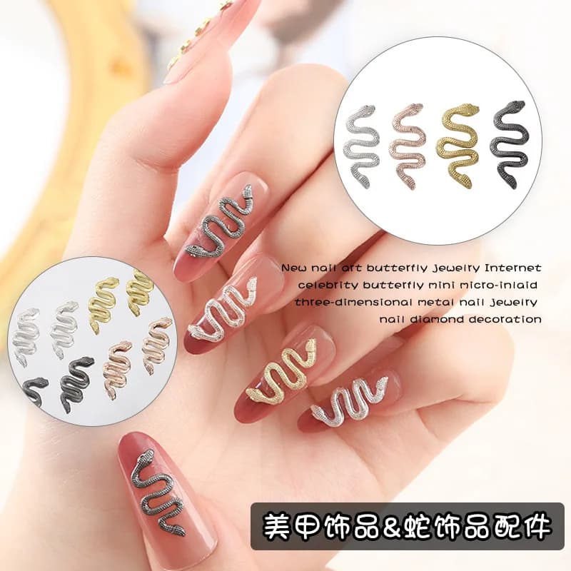 50Pcs Snake Nail Charms Sweet-Edgy Black Alloy Metal Nail Art, Gold & Silver Long Serpent Press-On Nail Decor for DIY Manicures