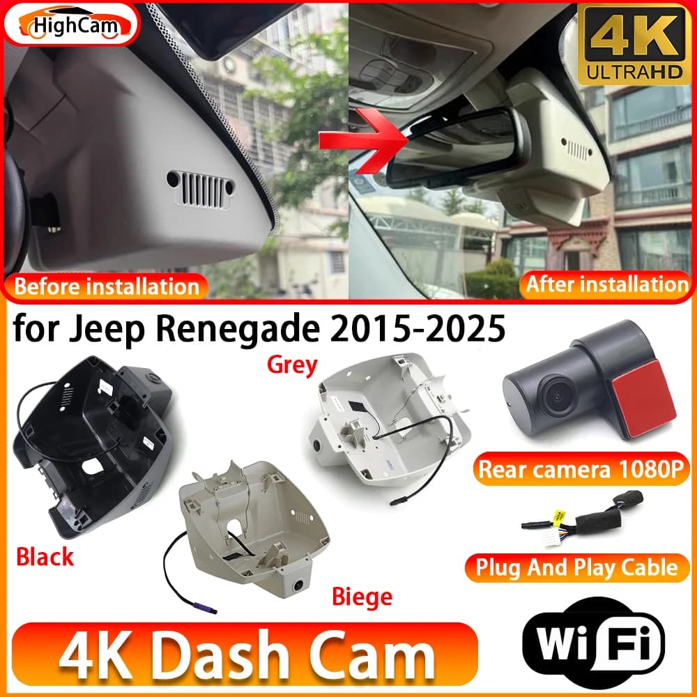 for Jeep Renegade 2015-2025 OEM 4K DVR Dash Cam Front Rear Camera WiFi Video Recorder Plug and Play Loop Recording Night Vision