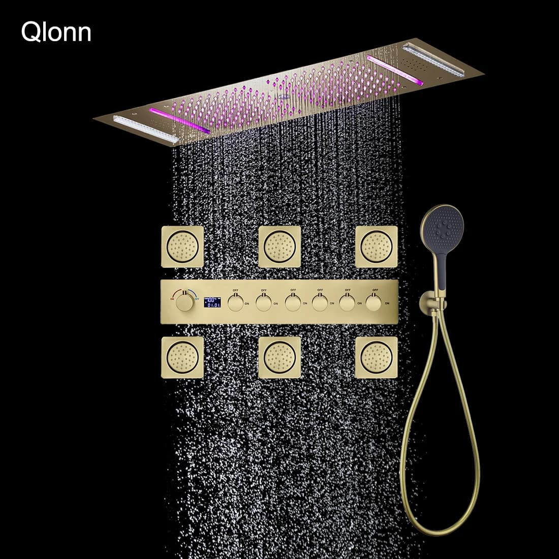 Qlonn Black Top Shower System Opaque 35×12 Inch with LED, 4 Functions, Valve Digital Mixer Warm/Fredd, Shower Enclosure Set