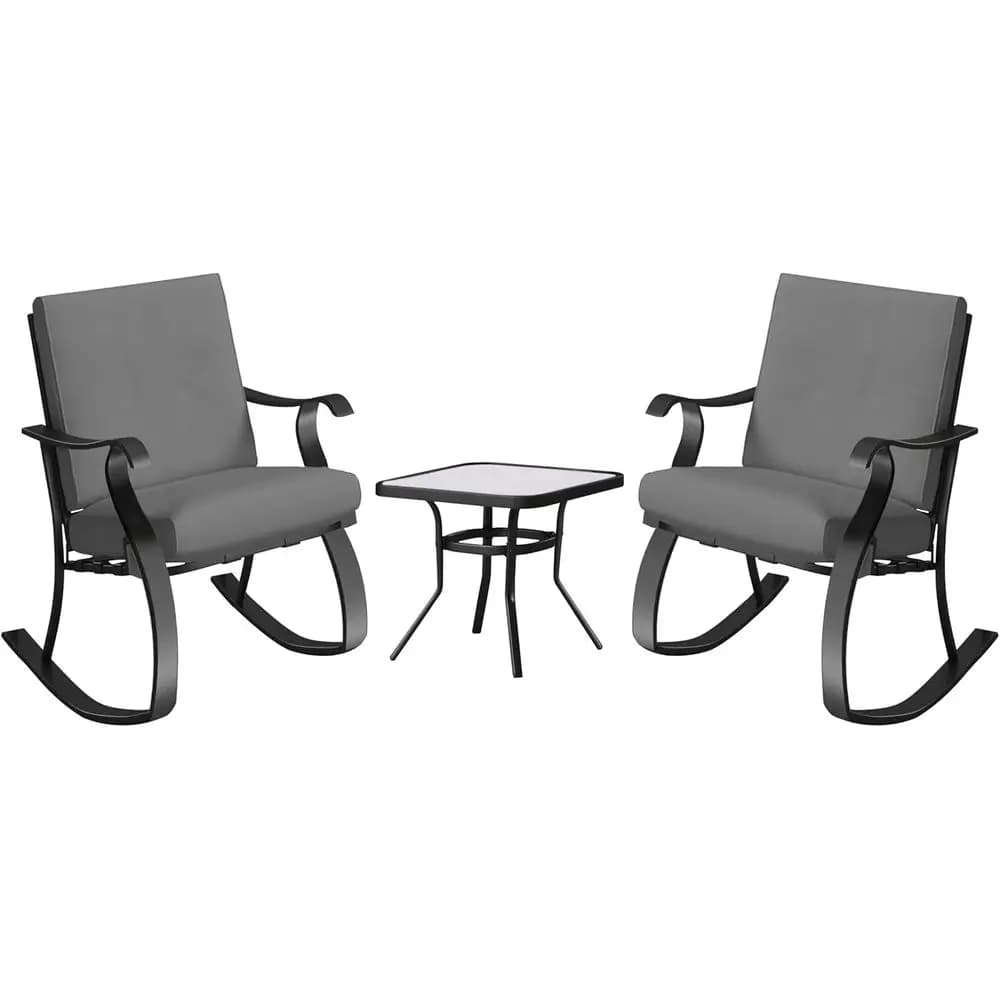3-Piece Cushioned Outdoor Rocking Chair Set with Square Side Table, Charcoal Gray