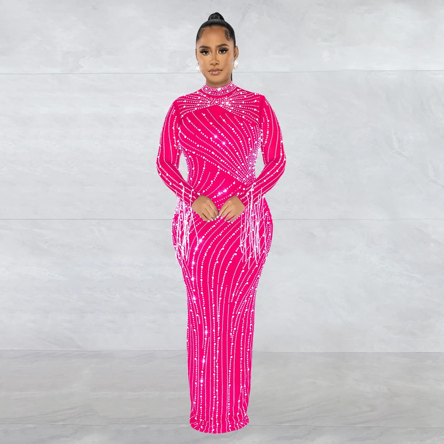 Sparkly Rhinestone Transparent Long Dress Women Long Sleeve Diamonds Bodycon Midi Maxi Long Dress Tank Inner Dresses 2piece Suit