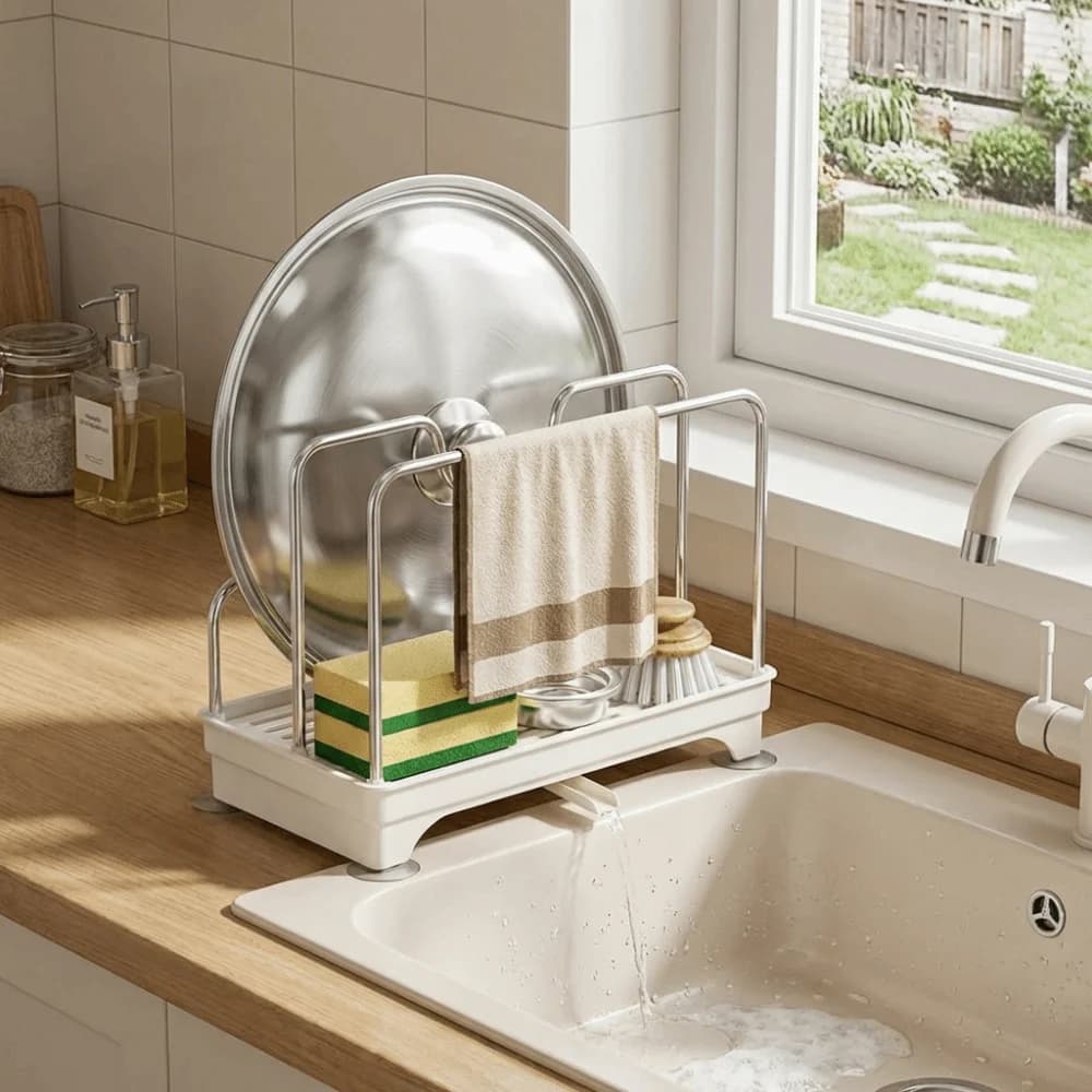 Stable and removable stainless steel cover holder with drainage tray, space saving, for covers and cutters