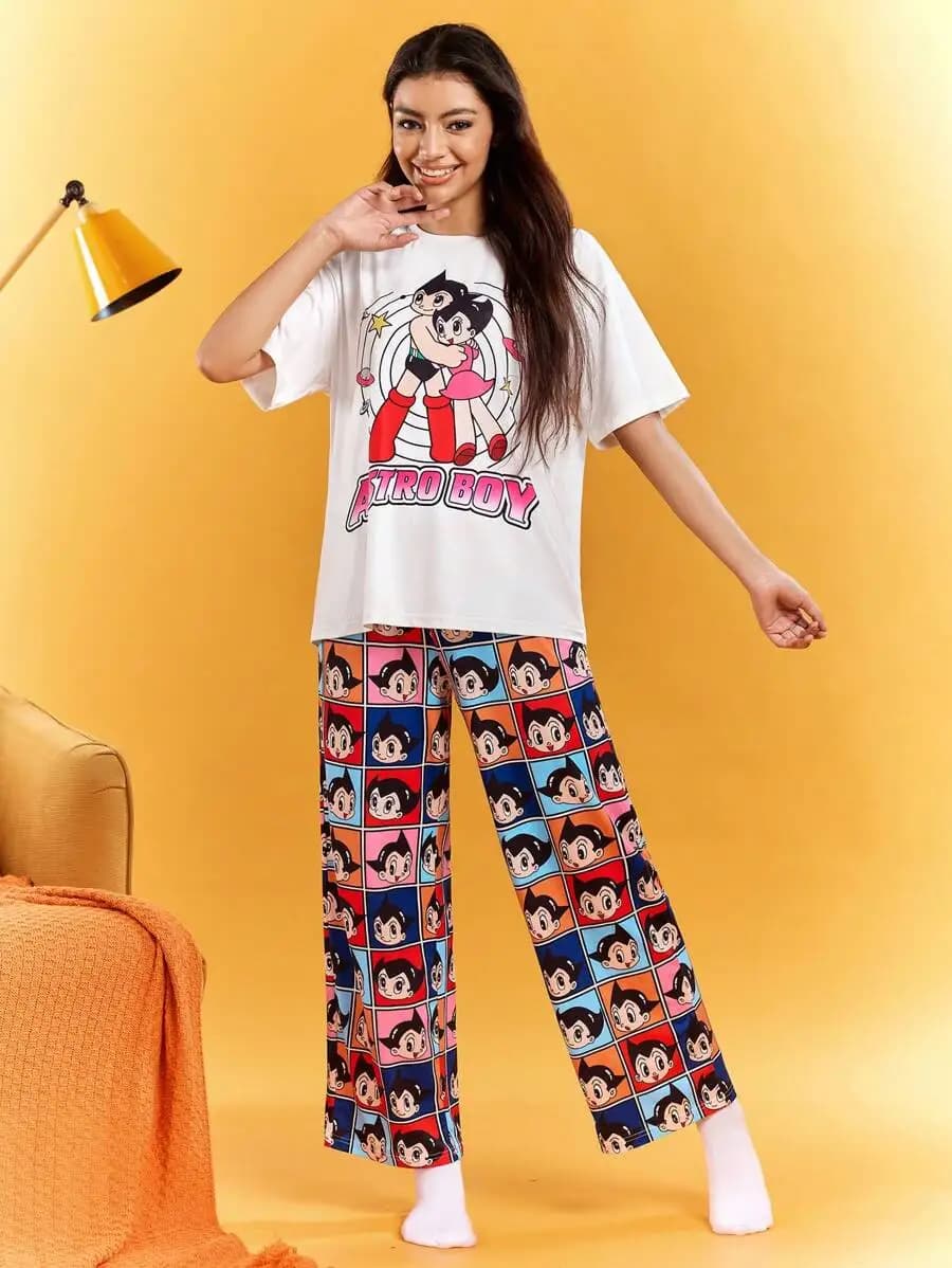 Astro Boy Cartoon Print Loose White T-Shirt And Elastic Waist Pants Pajama Set For Women